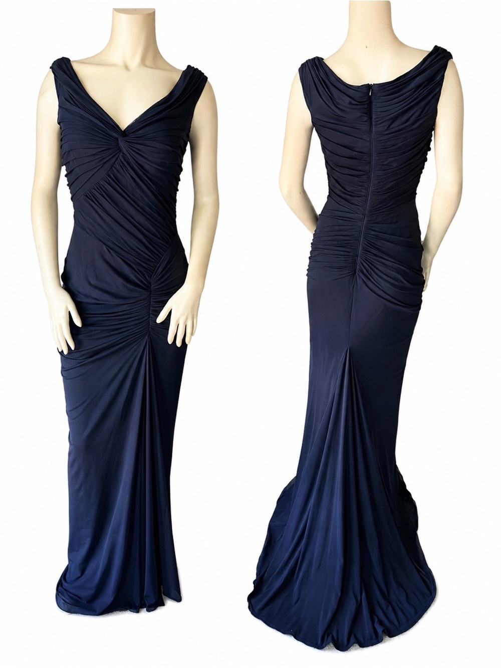Tadashi Shoji Navy Ruched V-Neck Evening Wedding Mermaid Tail Gown. Size Medium.